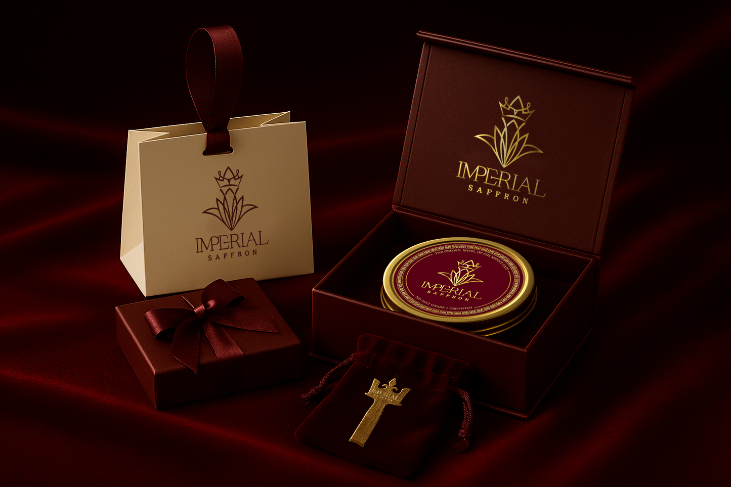 Imperial Saffron gift box with Super Negin tin and gold Royal Key displayed on burgundy velvet.