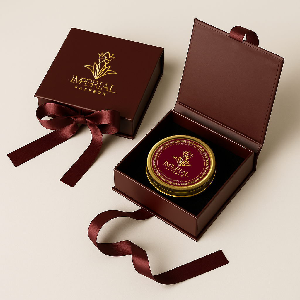 Imperial Saffron Super Negin tin presented in a luxury burgundy gift box with silk ribbon.
