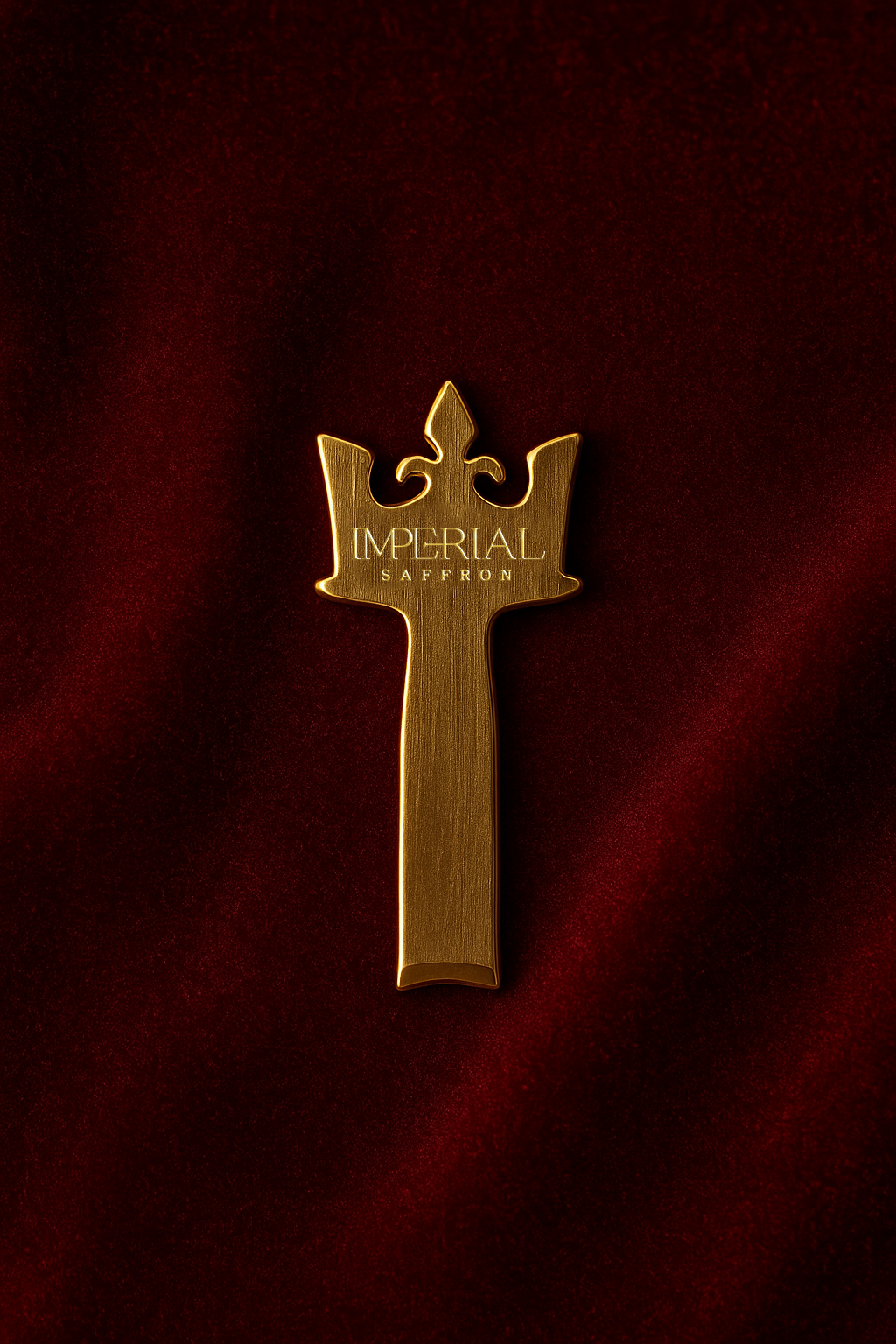 Close-up of the Imperial Saffron Royal Key showing gold detailing on burgundy velvet.
