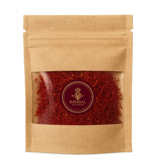 Imperial Saffron Super Negin threads in a resealable kraft pouch with clear window and premium burgundy label.
