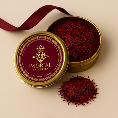 Grade 1 Super Negin saffron tin with premium threads displayed on an ivory background.
