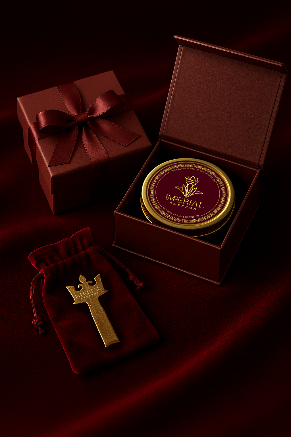 Imperial Saffron Royal Key styled with luxury saffron gift box and Super Negin tin.
