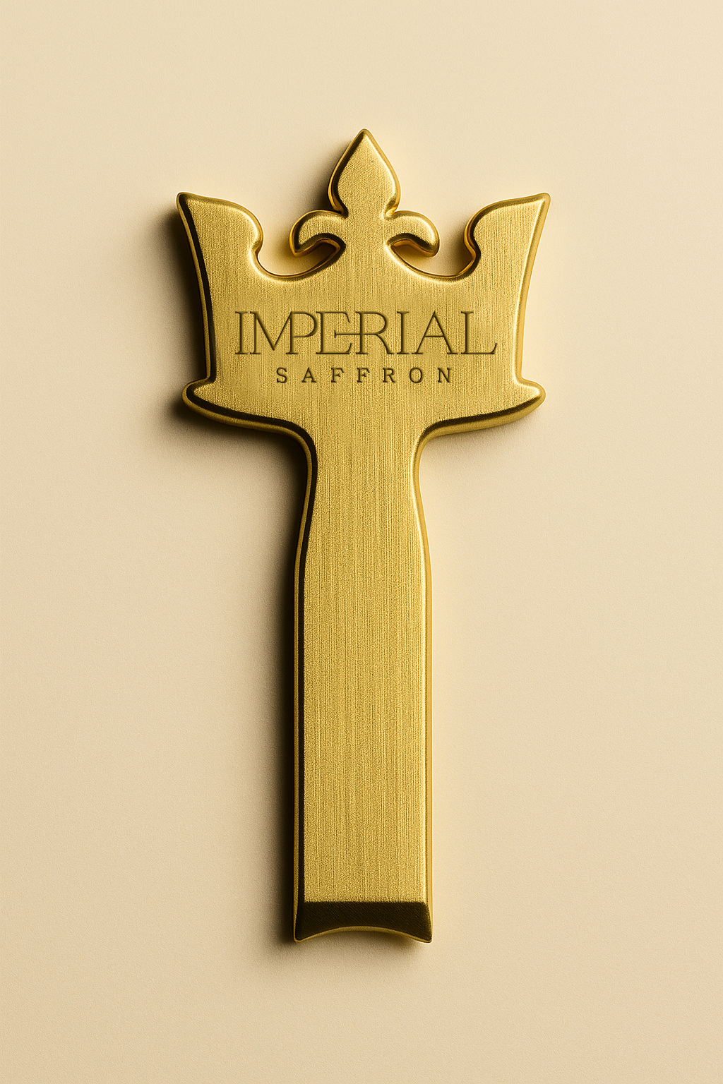 Imperial Saffron Royal Key in gold-tone metal displayed on a clean beige background.
