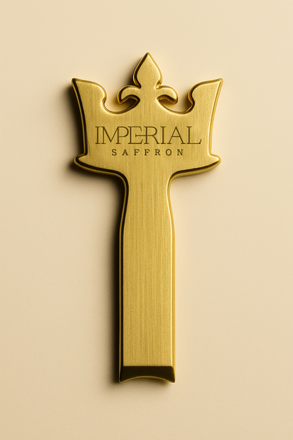 Imperial Saffron Royal Key in gold-tone metal displayed on a clean beige background.
