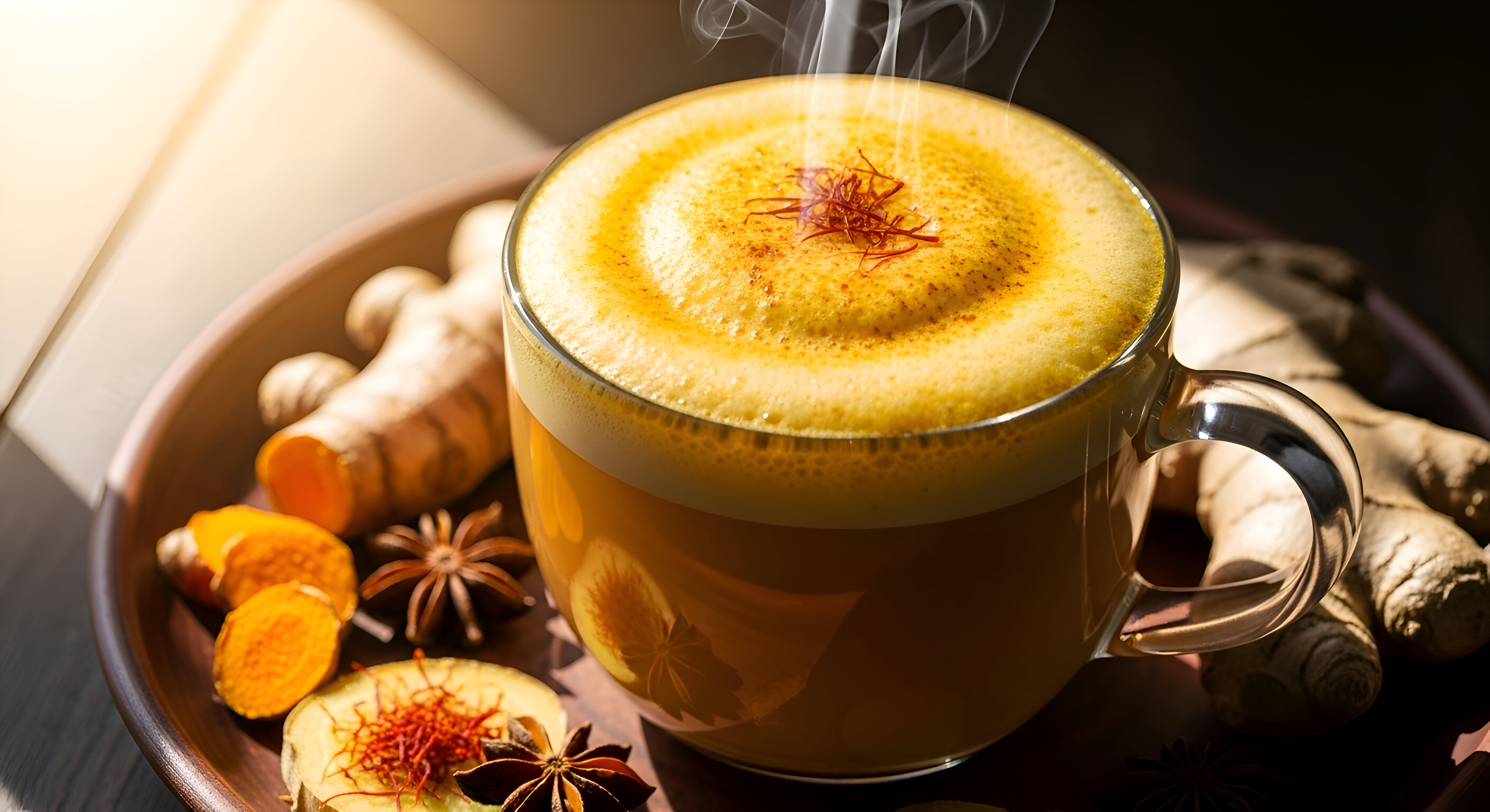“Imperial Saffron Golden Latte topped with saffron threads, served warm with turmeric, ginger and spices.”